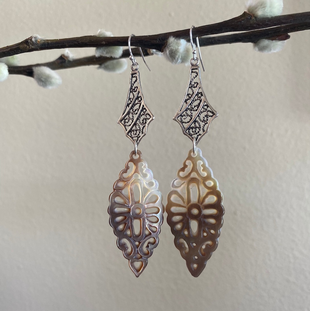Carved Mother of Pearl Filigree Sterling Silver Earrings - Elena Miller ...